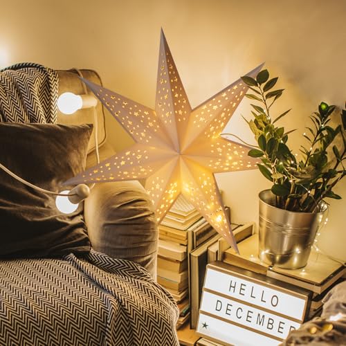 24 Inch Paper Star Lantern with 60 LEDs Firework Fairy Lights, 7 Point Foldable, Hollow Out Star Hanging Decoration - 1 Pack T79794