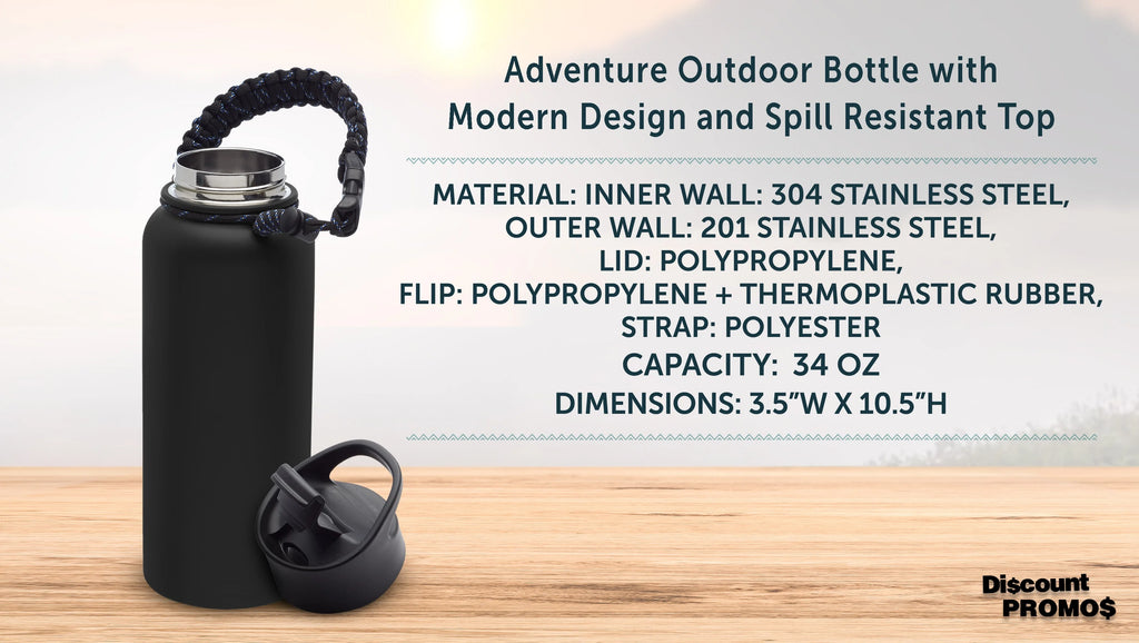 6 Vulcan Stainless Steel Water Bottles with Strap Set, 34 oz. - Double Wall, Vacuum Insulated - Black M763