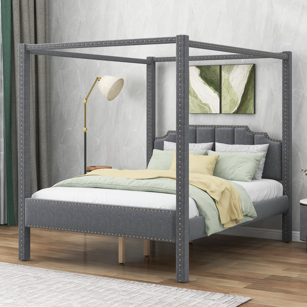 Queen Size Upholstery Canopy Platform Bed with Headboard Gray X461