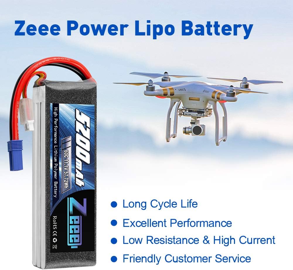 3S LiPo Battery 11.1V 60C 5200mAh EC5 Connector 2 Pack R34250