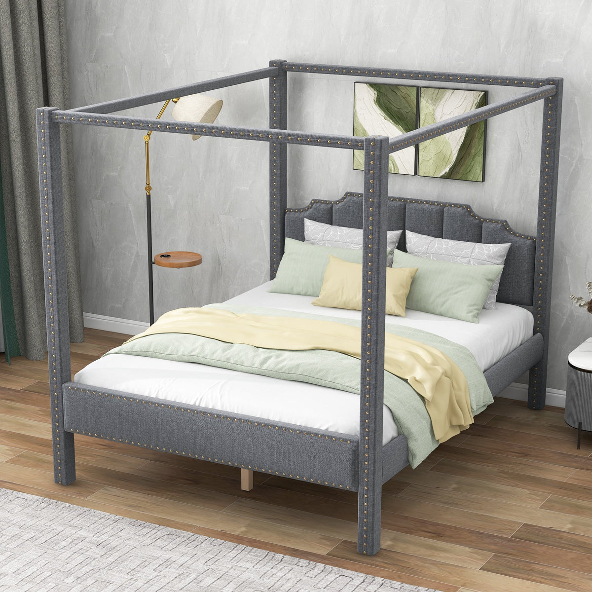 Queen Size Upholstery Canopy Platform Bed with Headboard Gray X461