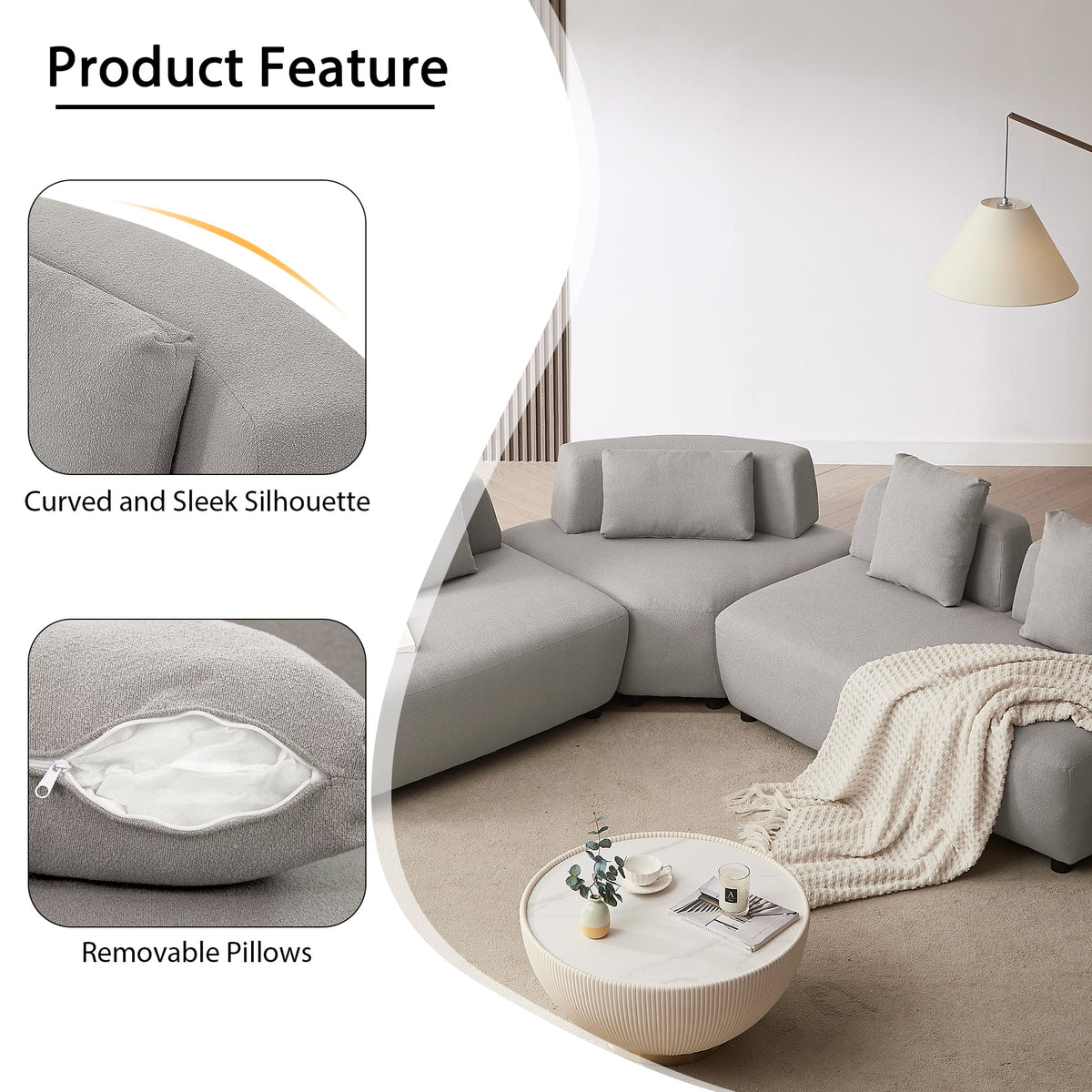 92.51" 3-Piece Grey Sectional Sofa with Removable Pillows N1792