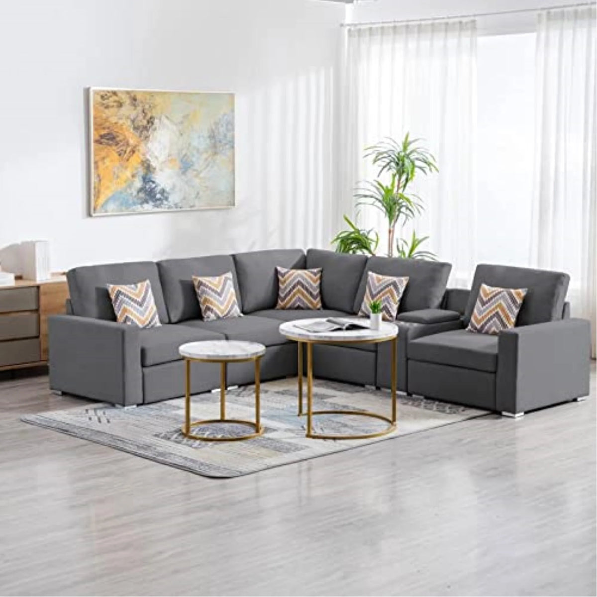 Gray Fabric Reversible Sectional with Charging Ports and Storage Console D830364