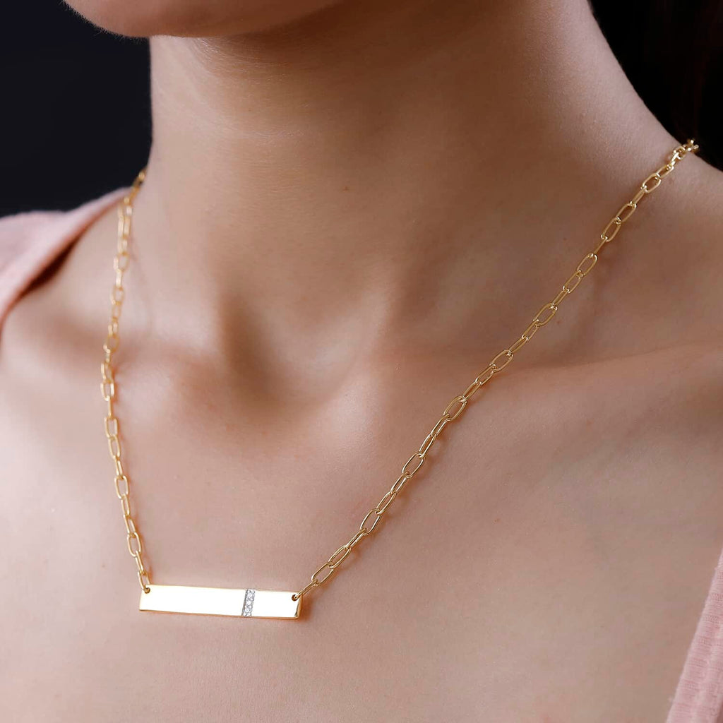 Moissanite Round 925 Sterling Silver Vermeil Yellow Gold Plated Initial Bar Necklace, Size 18", Ct 0.04 T5272
