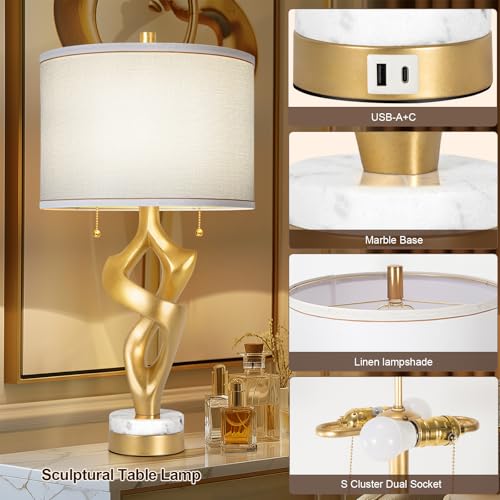Set of 2 Table Lamp with Marble Base & USB Ports O451090