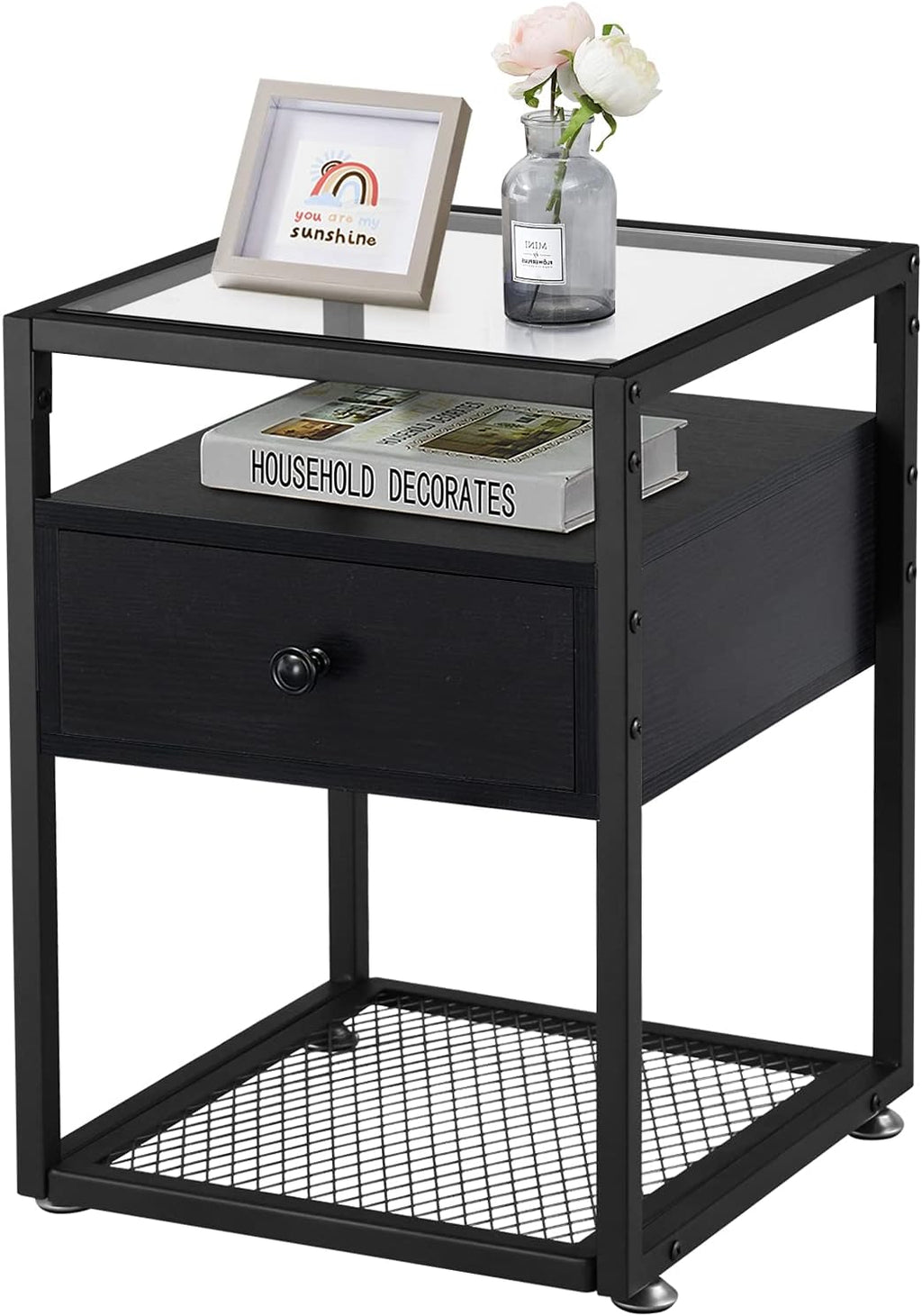 Brown+Black Tempered Glass Nightstand with Drawer and Shelf P432