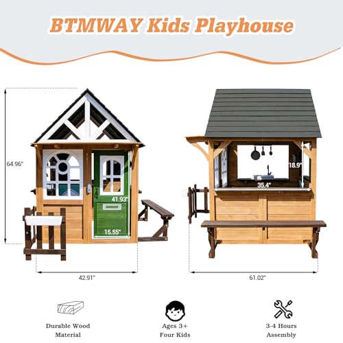 Cedar Gray Wooden Kids Playhouse with Play Kitchen B35598