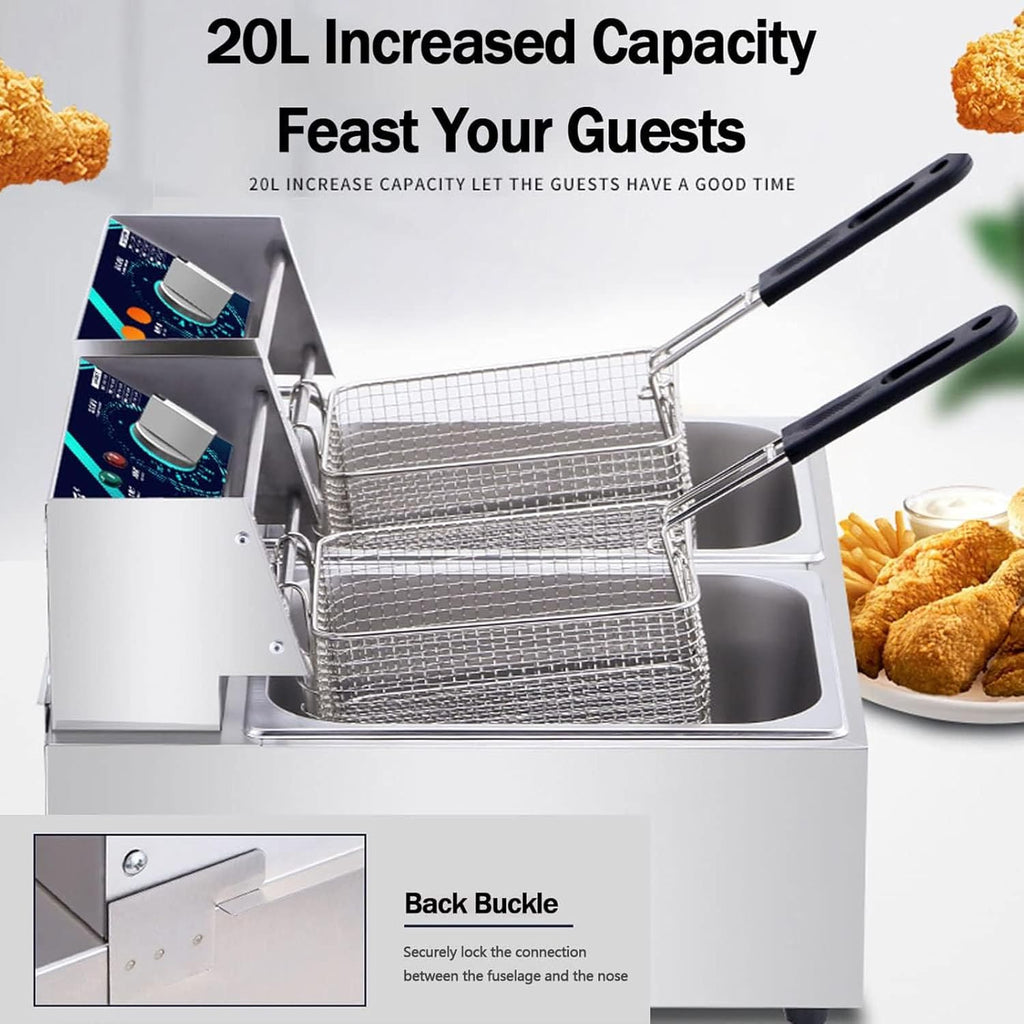 20L Electric Double-Cylinder Stainless Steel Deep Fat Fryer with 2 Fry Basket And Lid N475602