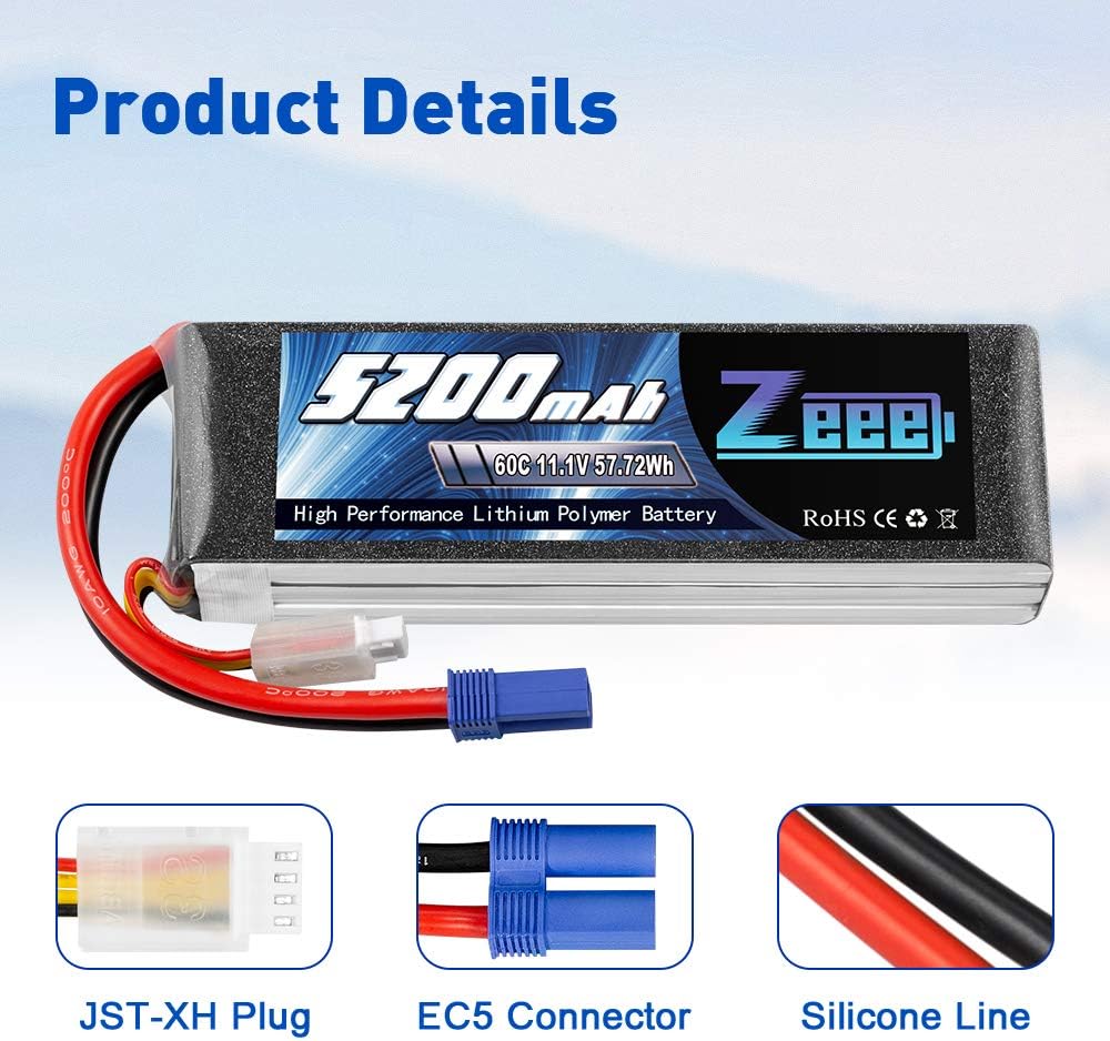 3S LiPo Battery 11.1V 60C 5200mAh EC5 Connector 2 Pack R34250
