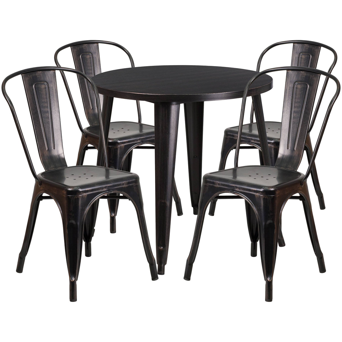 30 in. Round Metal Indoor/Outdoor Table Set with 4 Cafe Chairs, Black P353