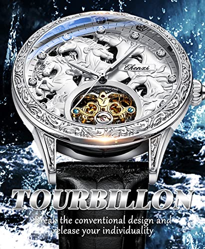 Gold Luxury Tourbillon Watch Tiger Carved Moon Phase Self-Winding Mechanical Automatic Retro Tattoo Skeleton Large Dial Leather Belt Wristwatch I260