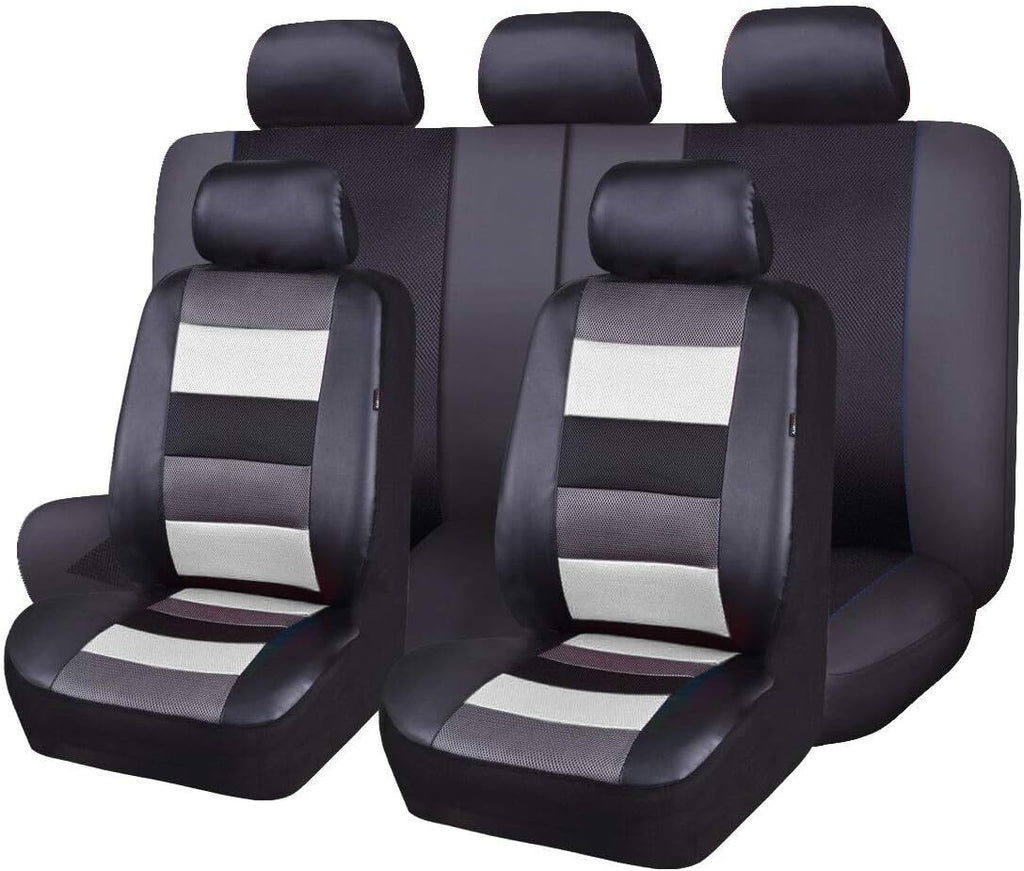 Black Leather and Red Fabric Car Seat Covers Full Set X61675