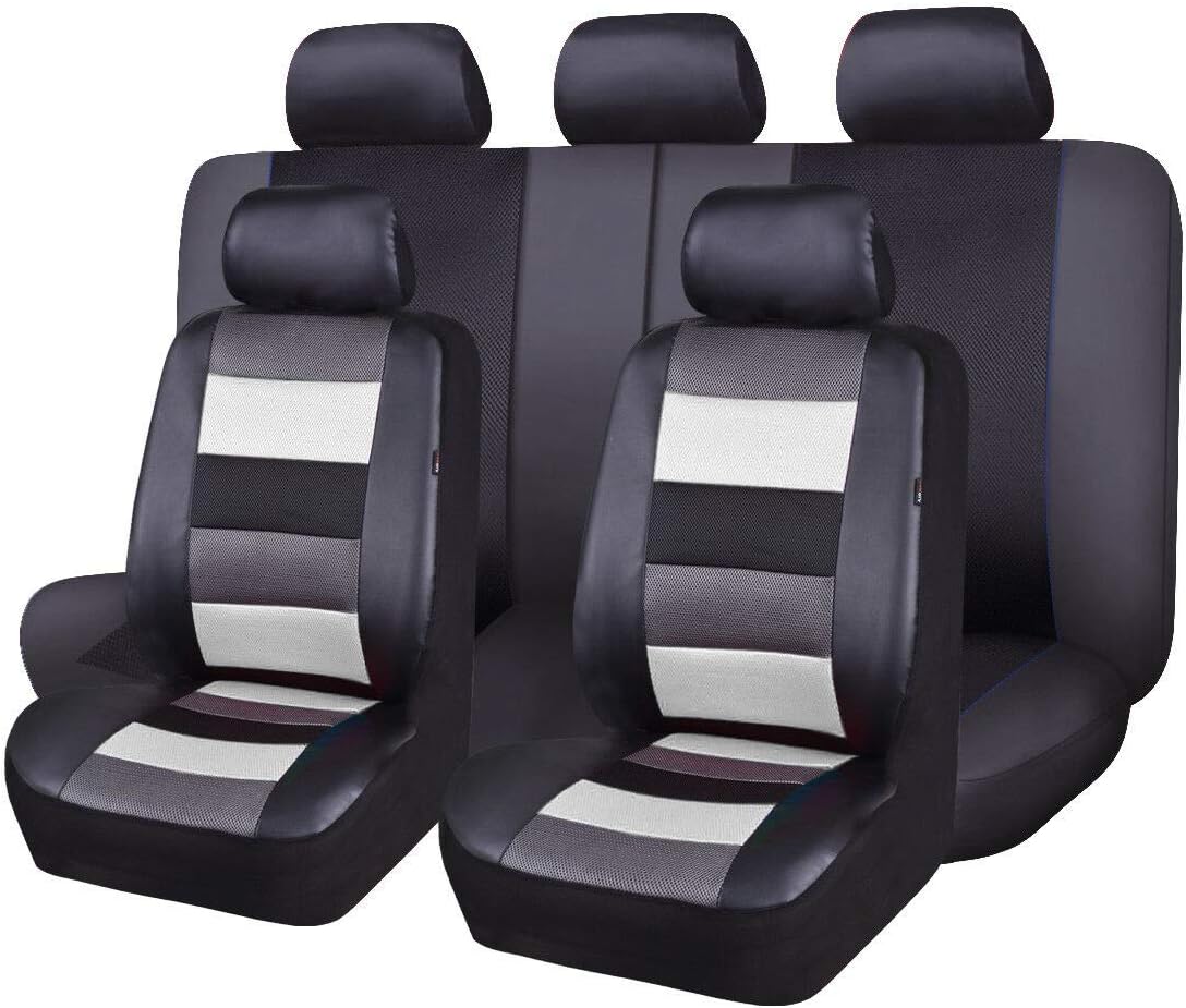 Black Leather and Red Fabric Car Seat Covers Full Set X61675