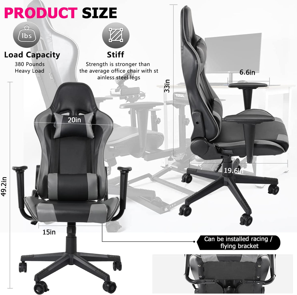 Gray Gaming Chair with Adjustable Headrest and Lumbar Pillow U6297