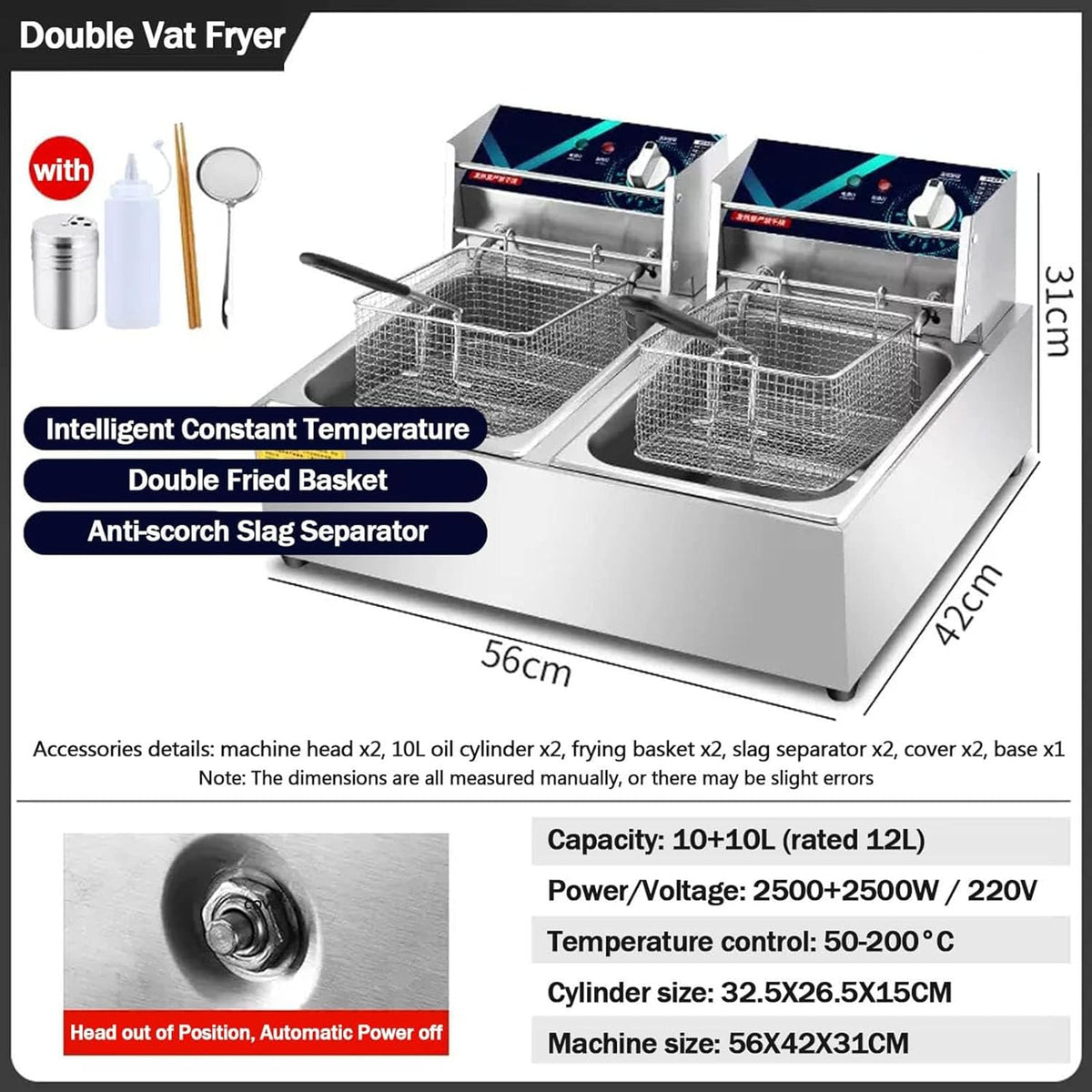 20L Electric Double-Cylinder Stainless Steel Deep Fat Fryer with 2 Fry Basket And Lid N475602
