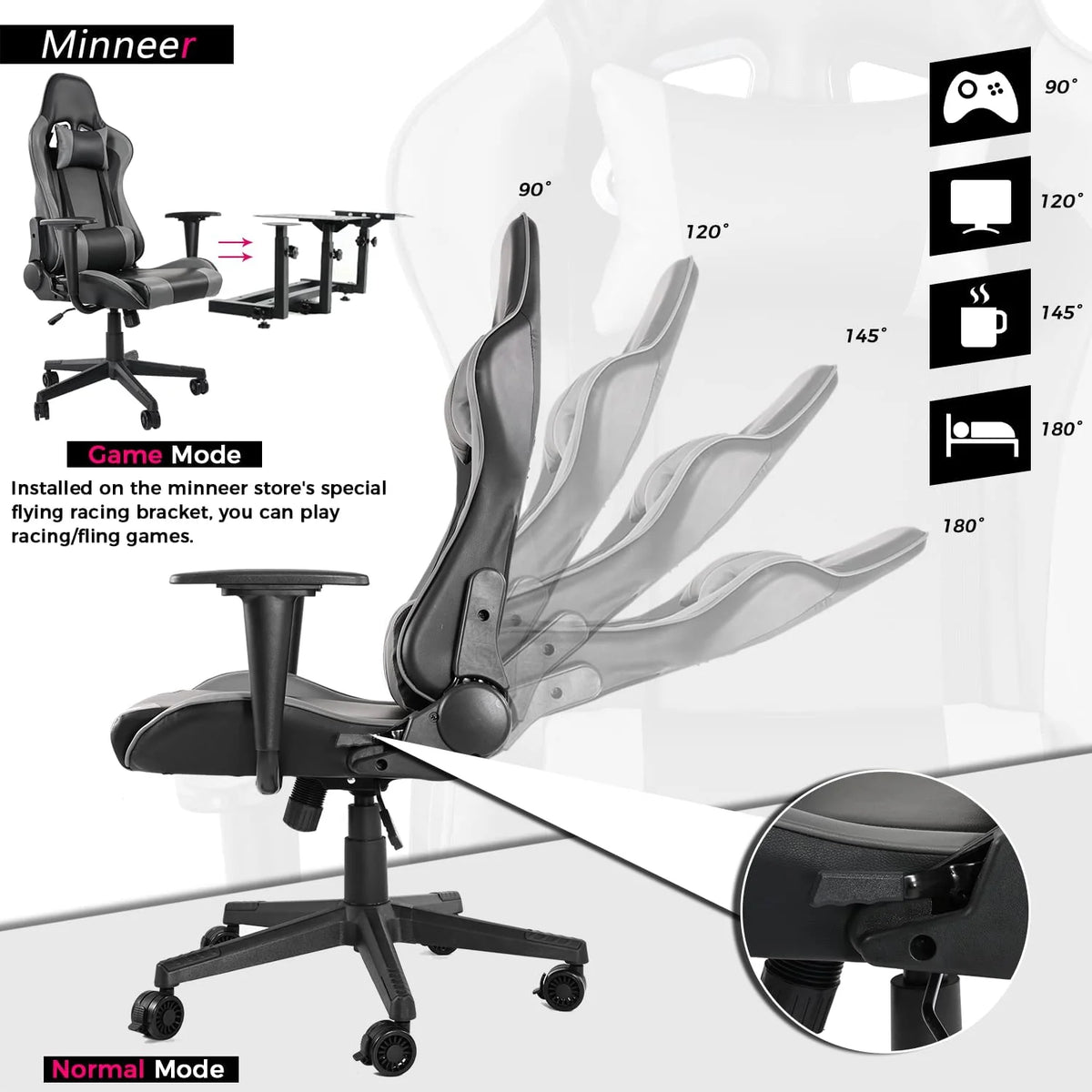 Gray Gaming Chair with Adjustable Headrest and Lumbar Pillow U6297