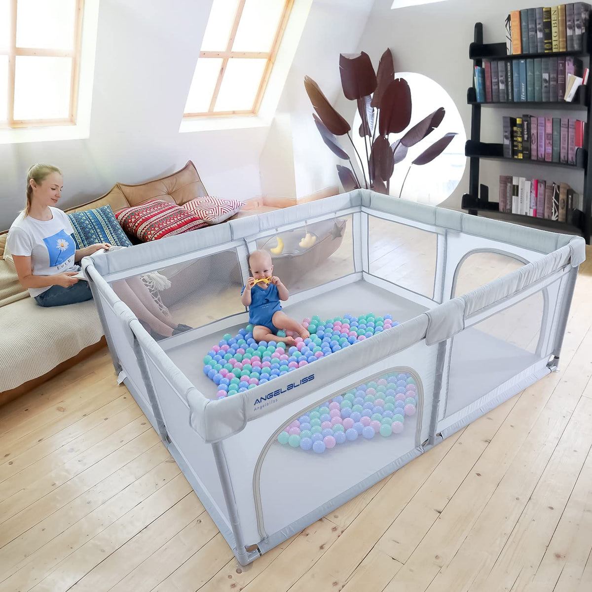 Grey 63”x47” Baby Playpen with Breathable Mesh Z865