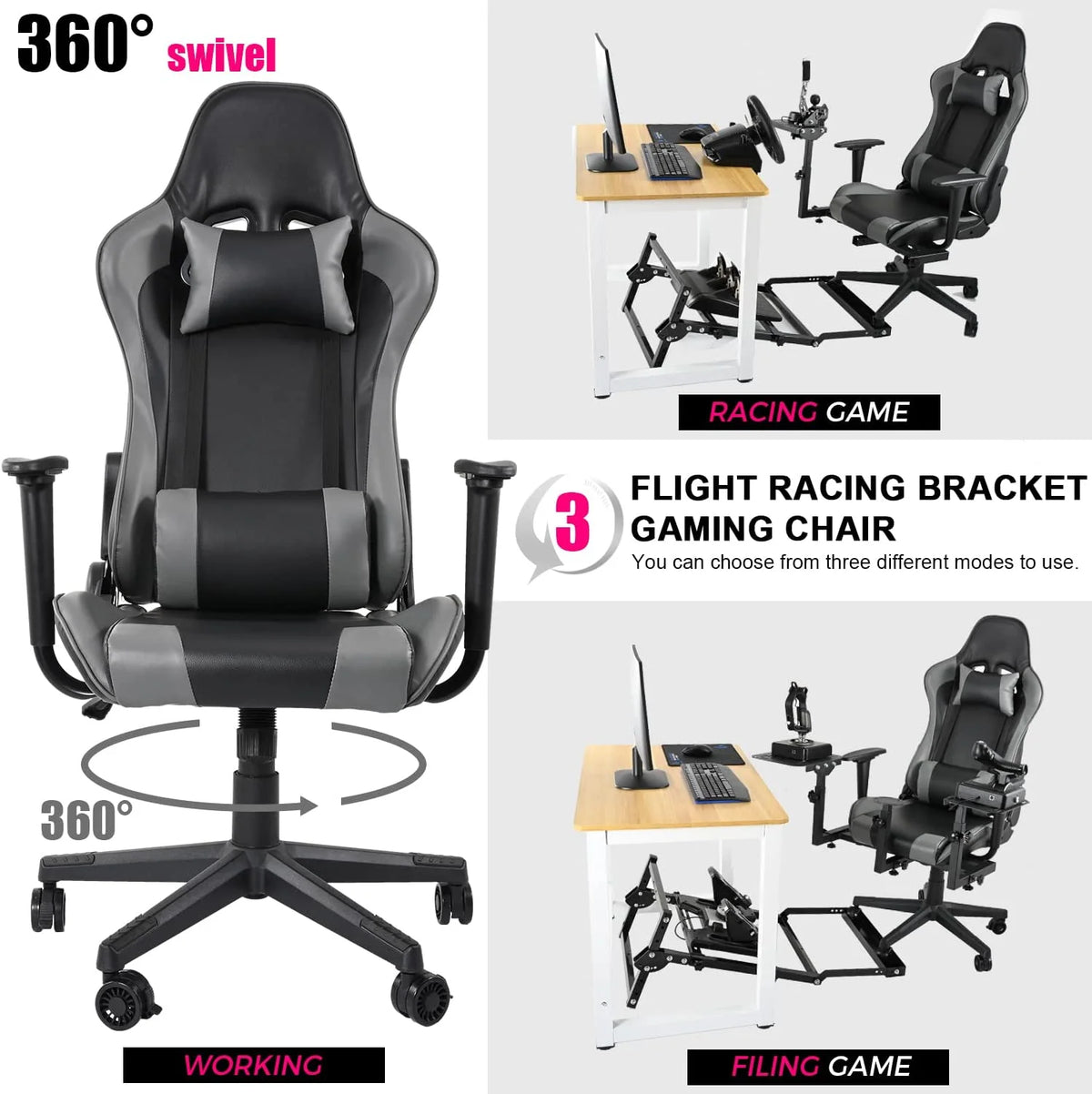 Gray Gaming Chair with Adjustable Headrest and Lumbar Pillow U6297