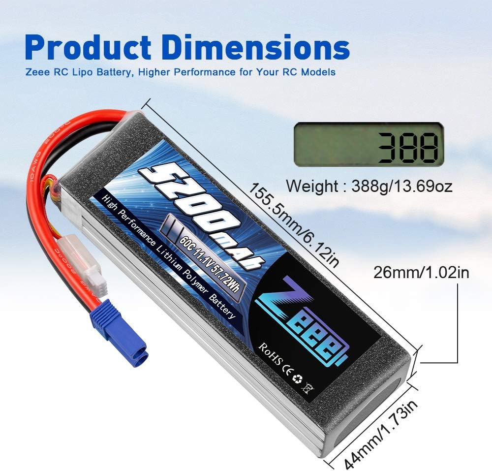 3S LiPo Battery 11.1V 60C 5200mAh EC5 Connector 2 Pack R34250