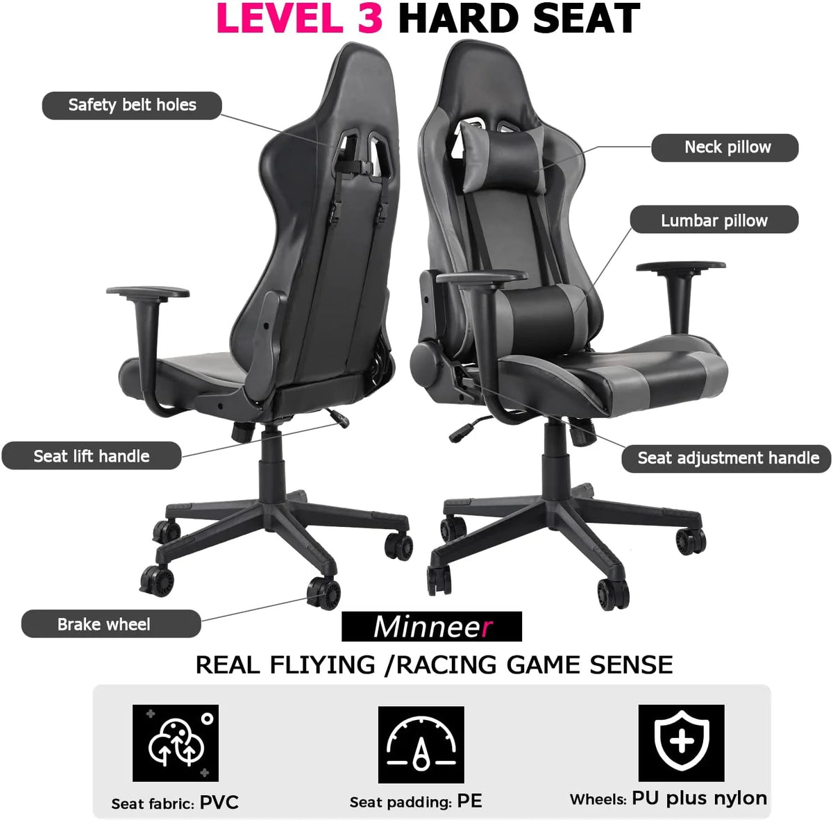 Gray Gaming Chair with Adjustable Headrest and Lumbar Pillow U6297