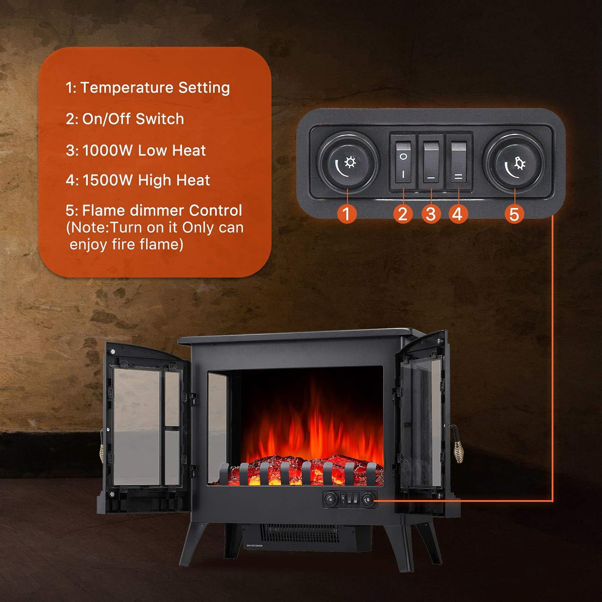 3D Infrared Electric Fireplace Stove, Freestanding Fireplace Heater, 1000W/1500W A287349