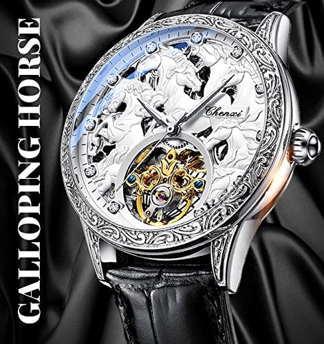 Gold Luxury Tourbillon Watch Tiger Carved Moon Phase Self-Winding Mechanical Automatic Retro Tattoo Skeleton Large Dial Leather Belt Wristwatch I260