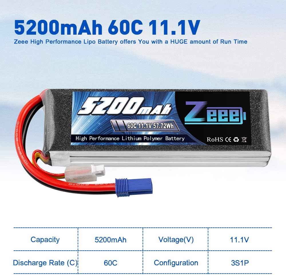 3S LiPo Battery 11.1V 60C 5200mAh EC5 Connector 2 Pack R34250