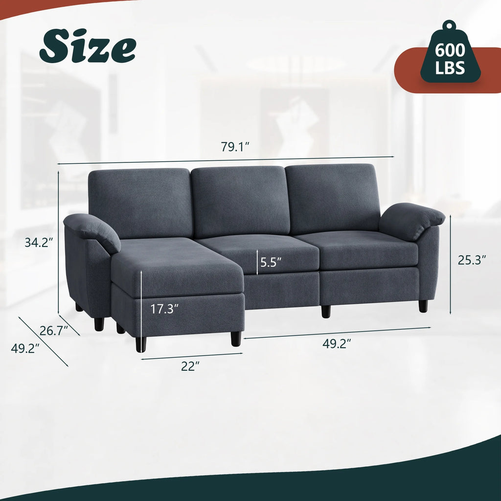 79 Convertible Sectional Sofa Linen Fabric L Shaped Sofa with Removable Pillows Dark Gray R5216