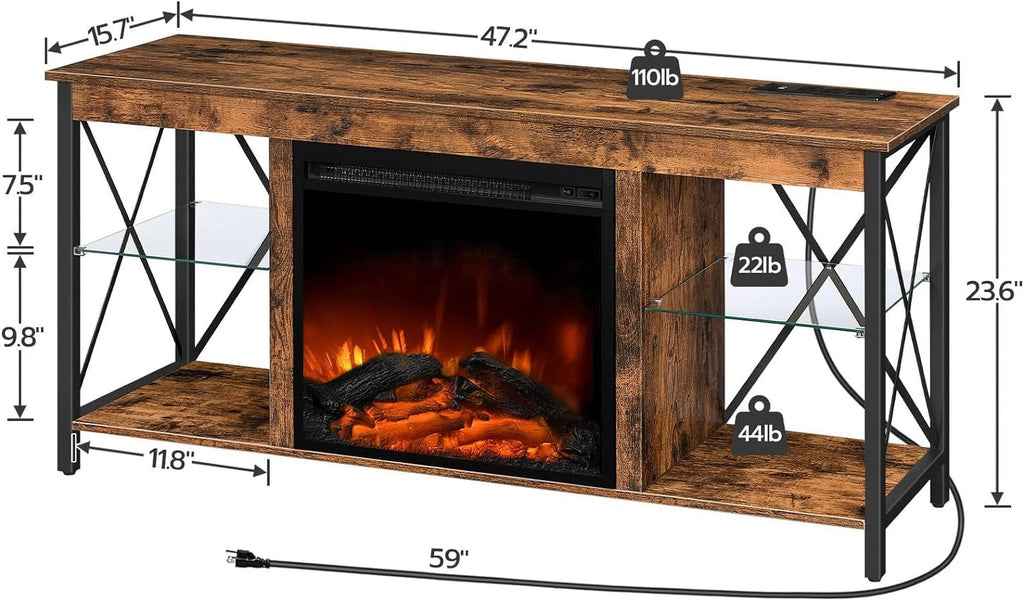 Rustic Brown Fireplace TV Stand with Led Lights and Power Outlets I13978
