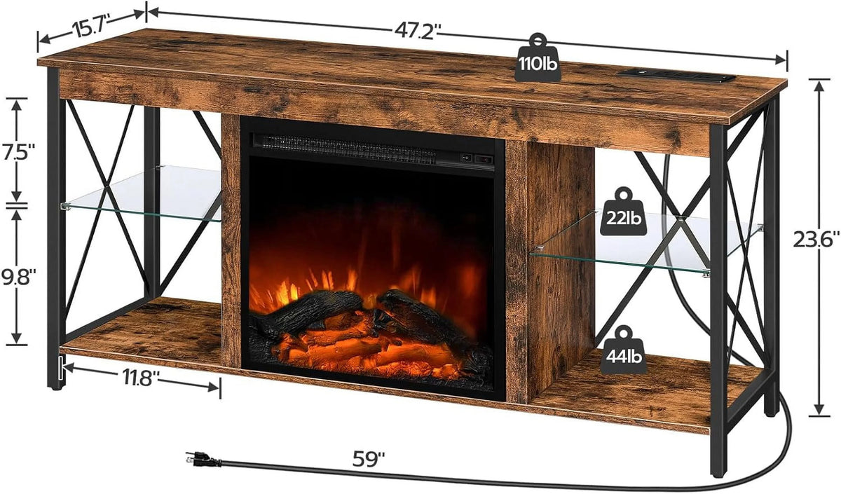 Rustic Brown Fireplace TV Stand with Led Lights and Power Outlets I13978