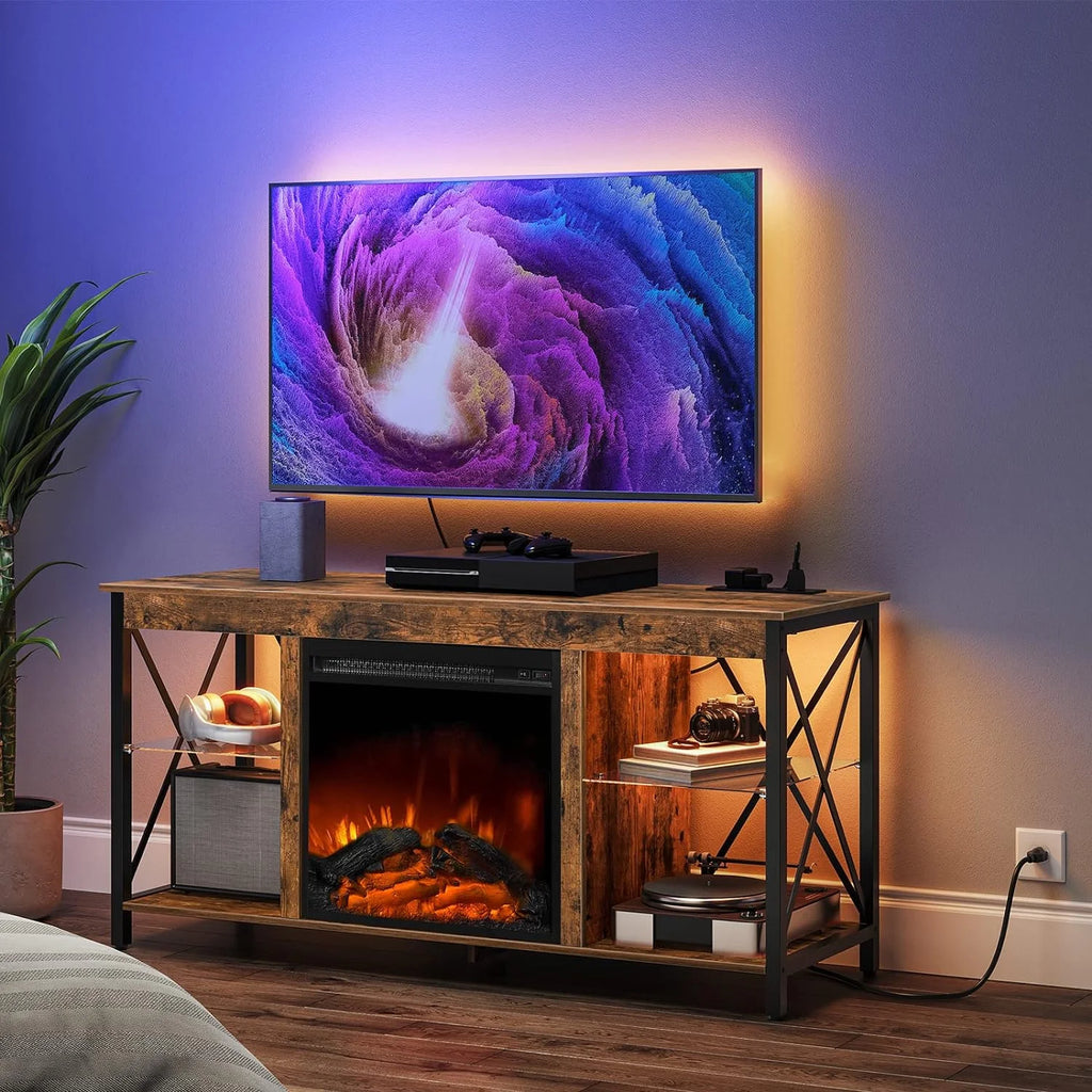 Rustic Brown Fireplace TV Stand with Led Lights and Power Outlets I13978