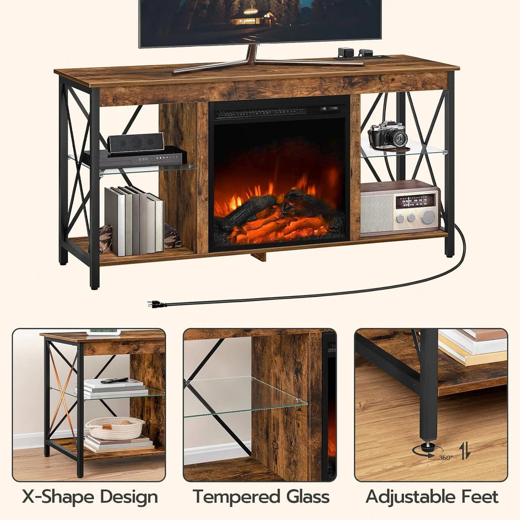 Rustic Brown Fireplace TV Stand with Led Lights and Power Outlets I13978