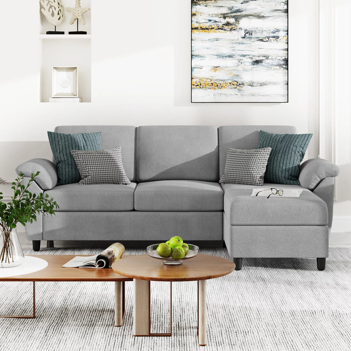 79 Convertible Sectional Sofa Linen Fabric L Shaped Sofa with Removable Pillows Dark Gray R5216