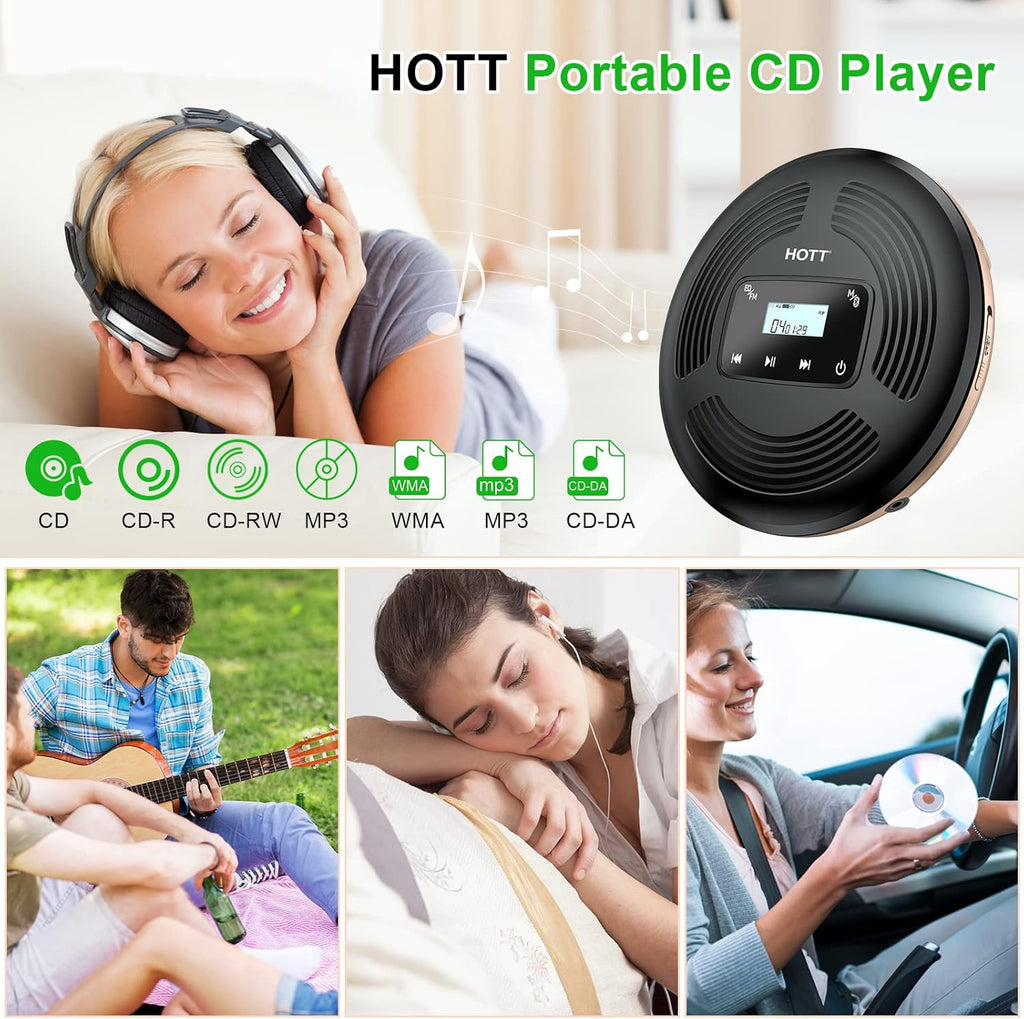Portable CD Player with Bluetooth FM Transmitter AUX Output Rechargeable 1800mah Touch Button Anti-Skip Shockproof Protection V8889