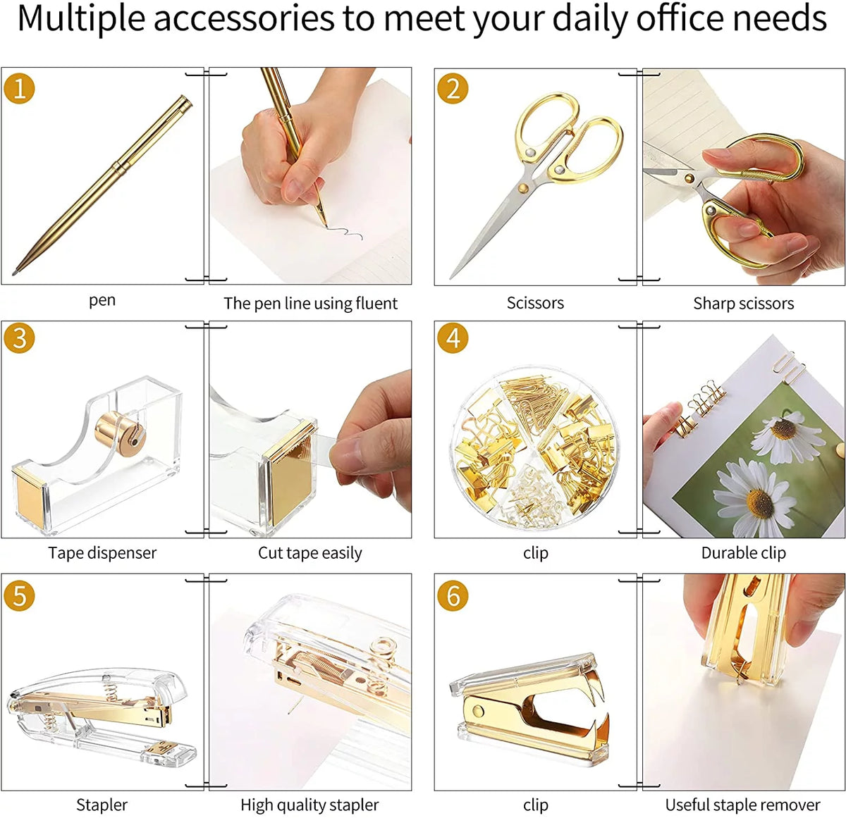 Acrylic Office Supplies Set with Stapler Tape Dispenser Binder Clips Paper Clips Pen Scissors and 1000 Staples I25371