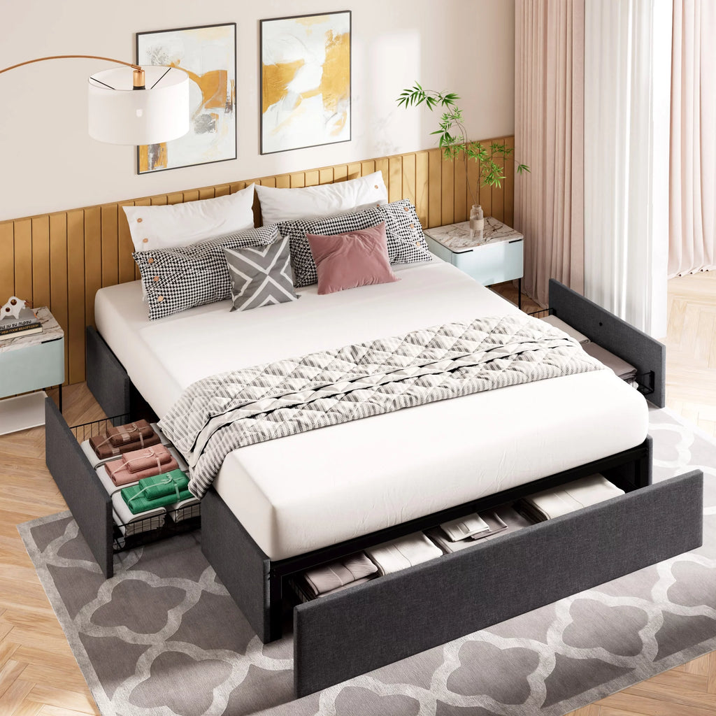 Queen Size Upholstered Platform Bed Frame with 3 Storage Drawers C9176