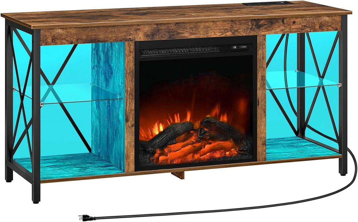 Rustic Brown Fireplace TV Stand with Led Lights and Power Outlets I13978