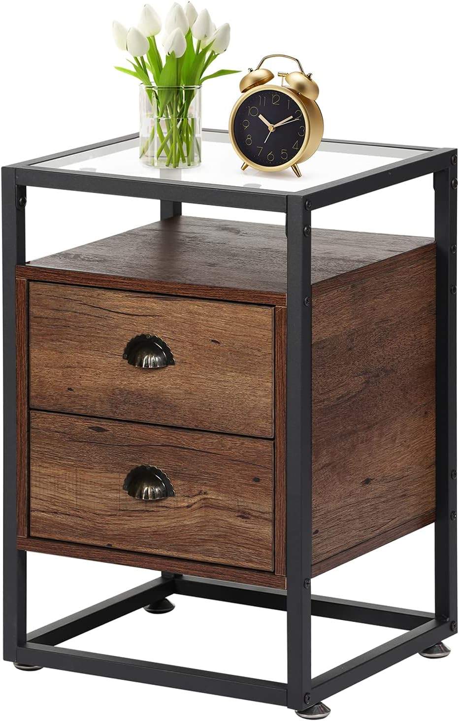 Brown+Black Tempered Glass Nightstand with Drawer and Shelf P432
