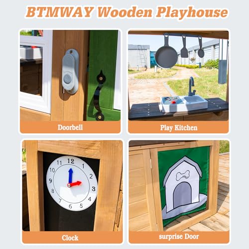 Cedar Gray Wooden Kids Playhouse with Play Kitchen B35598