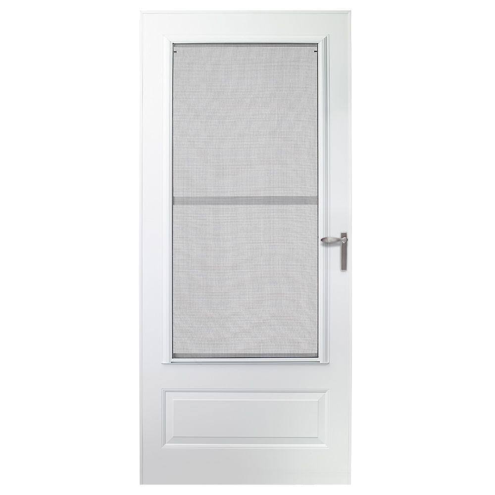 White Universal Triple-Track Aluminum Storm Door with Nickel Hardware N473