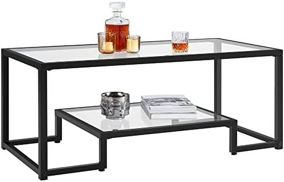Rectangular Tempered Glass Coffee Table with 2 Tier Metal Frame O300