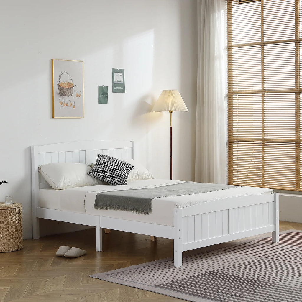 White Full Size Wood Platform Bed with Headboard and Footboard H70755