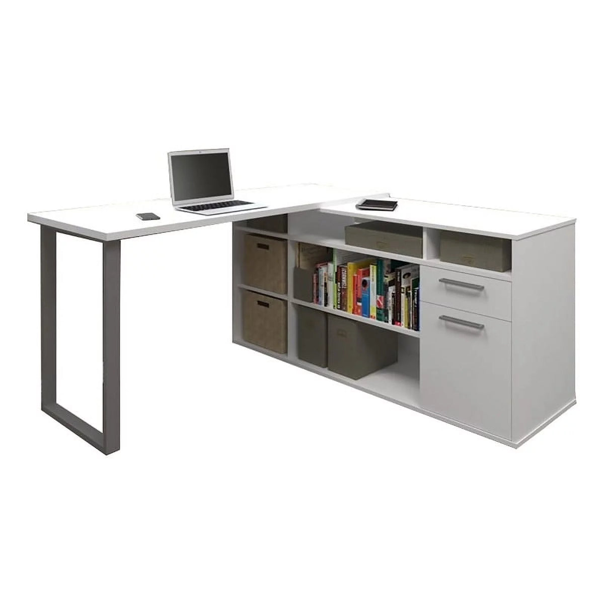 White Wood L-Shaped Computer Desk with Storage E4896