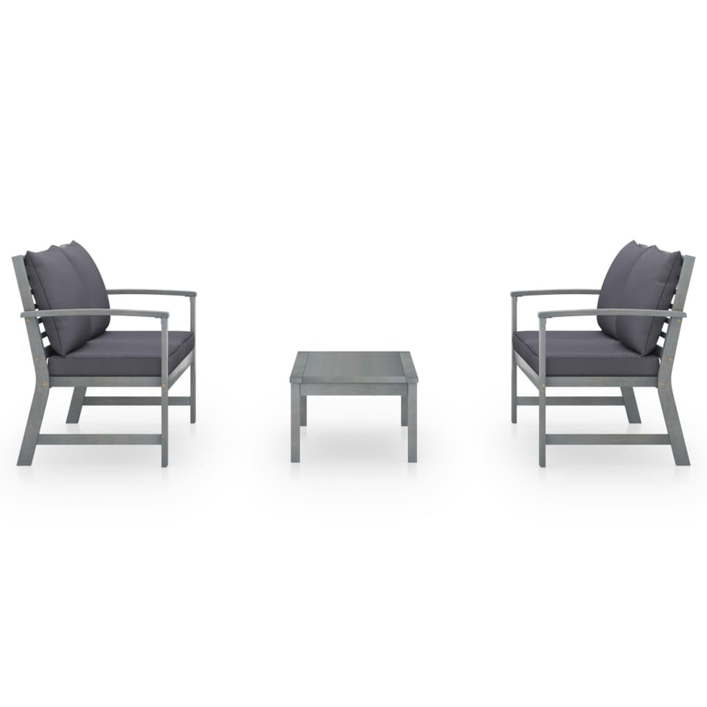 3 Piece Gray Acacia Wood Outdoor Patio Lounge Set with Cushions A9907