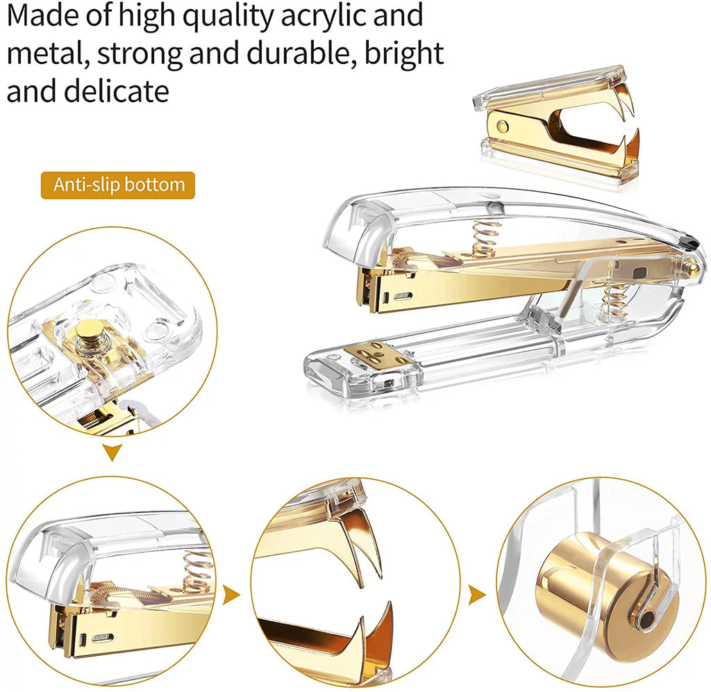 Acrylic Office Supplies Set with Stapler Tape Dispenser Binder Clips Paper Clips Pen Scissors and 1000 Staples I25371