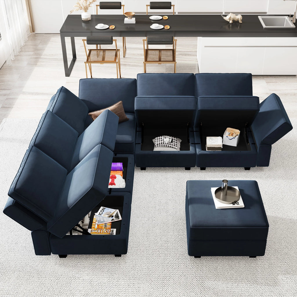 Blue Velvet L Shaped Sectional Sofa with Storage D755
