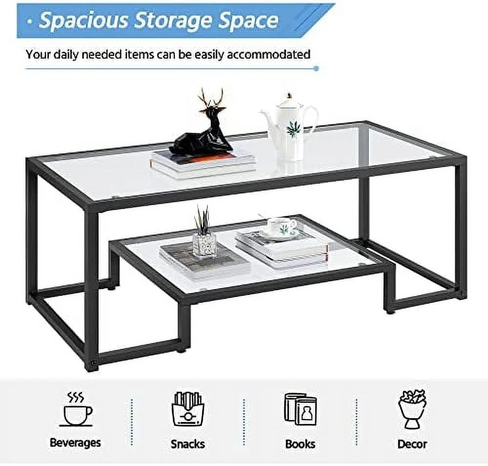 Rectangular Tempered Glass Coffee Table with 2 Tier Metal Frame O300