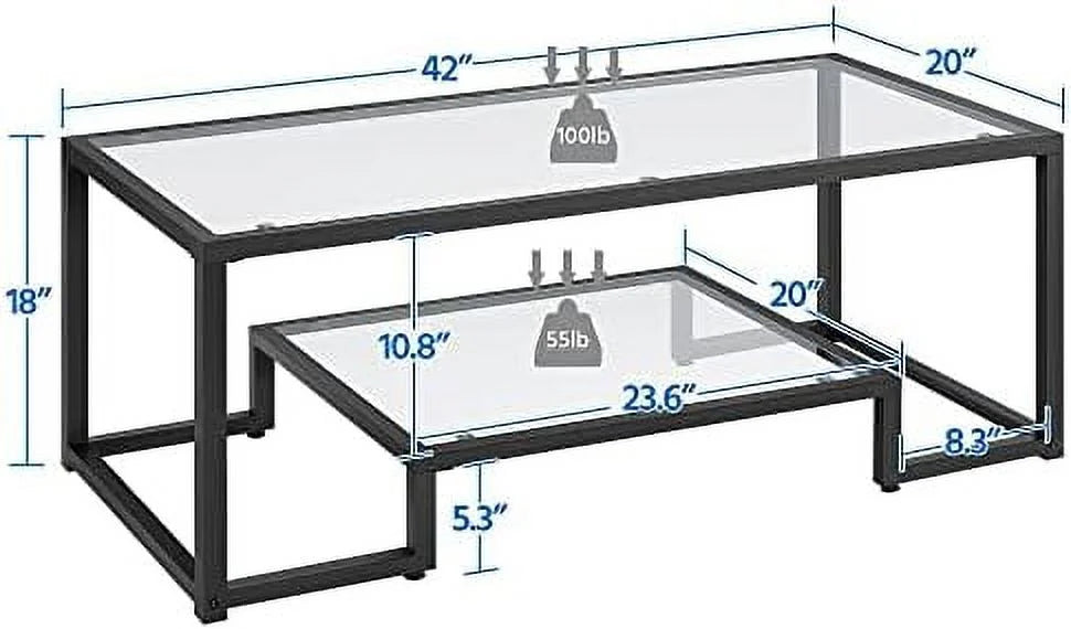 Rectangular Tempered Glass Coffee Table with 2 Tier Metal Frame O300