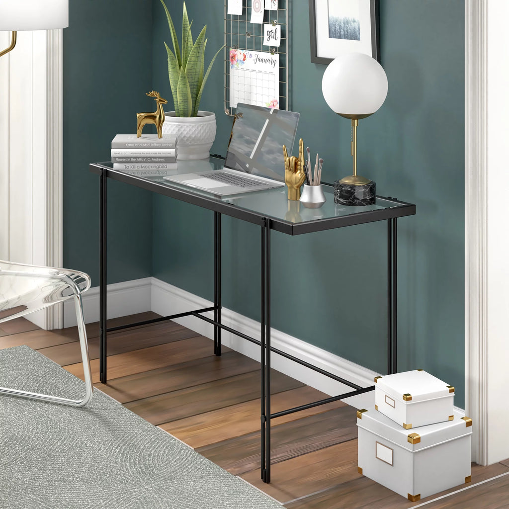 Blackened Bronze Metal Desk with Glass Top H49418