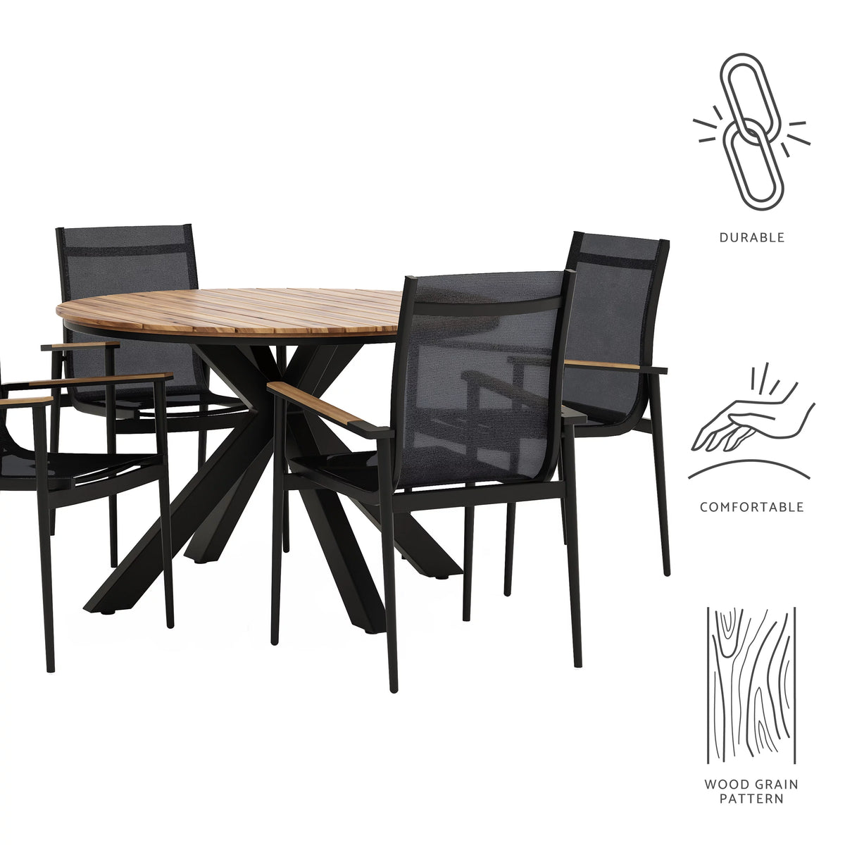 Black and Teak 5 Piece Mesh and Acacia Wood Dining Set N35733